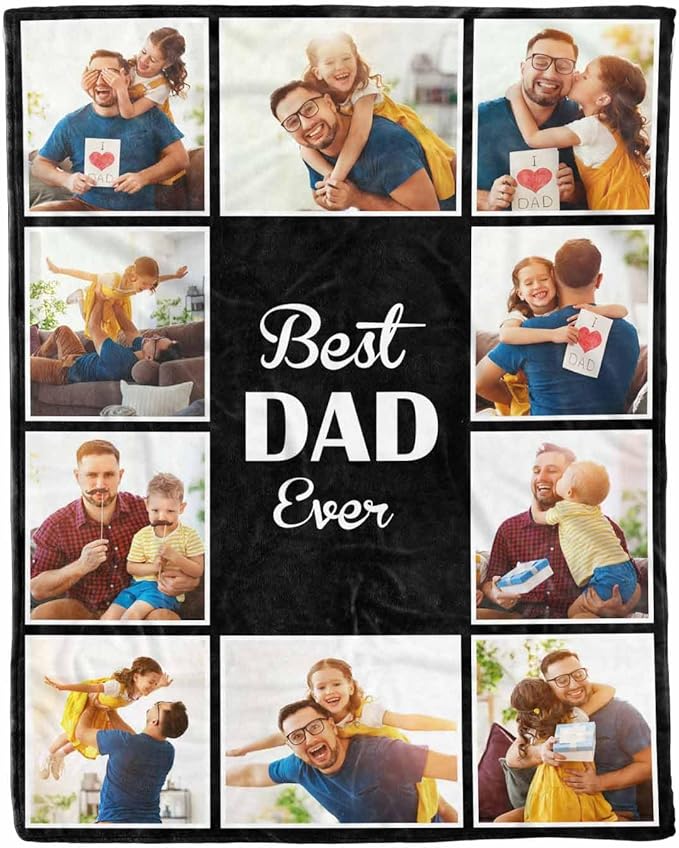 Custom Blankets with Photos, 10 Photos Customized, Best Dad Ever Blanket Gifts for Father's Day, Customized for Dad, 8 Sizes