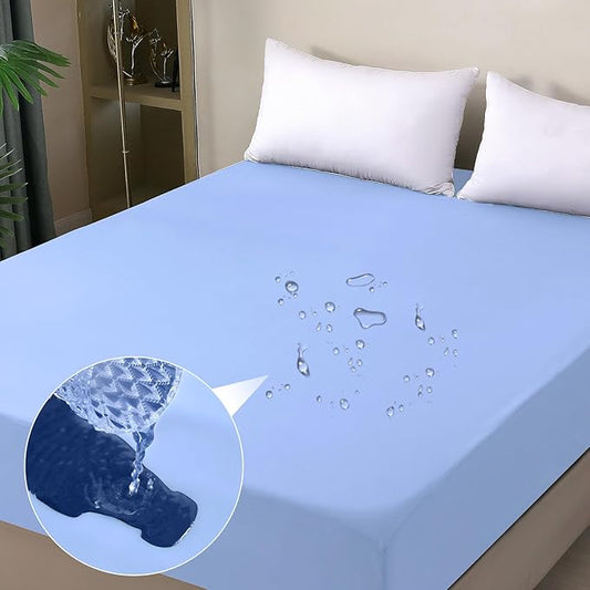 Waterproof Mattress Protector Queen, Fitted Sheet Style Breathable Mattress Cover with Deep Pocket Fits Up to 18'', Noiseless Bed Cover for Kids Adults Pets, Machine Washable (Sky Blue, 60'' X 80'')