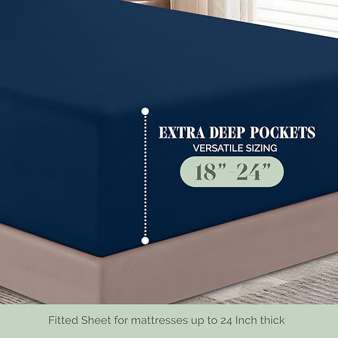 Elegant Comfort Luxurious 1500 Premium Hotel Quality Microfiber 4-Piece Sheet Set, 18-24 Inches Deep - Extra Deep Pocket Sheets - Ultra Soft 4PC Deep Pocket Sheets, California King, Navy Blue
