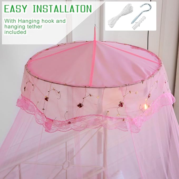 VISATOR Mosquito Net Bed Canopy for Girls,King Canopy Bed Curtains Queen Size from Ceiling,Dome Mosquito Netting Bed Tent Twin Girls Canopy Bed Decor for Baby Crib,Kid Bed and Adult Beds (Pink Dome)