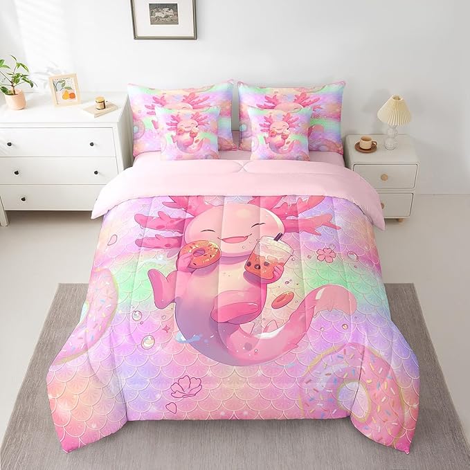 Feelyou Kids Cute Axolotl Comforter Set with Sheets King Size, Cartoon Salamander 7 Pieces Bedding Set Boys Girls Kawaii Ocean Sealife Bed in A Bag Rainbow Teens Bed Set Bedroom Decor 7Pcs