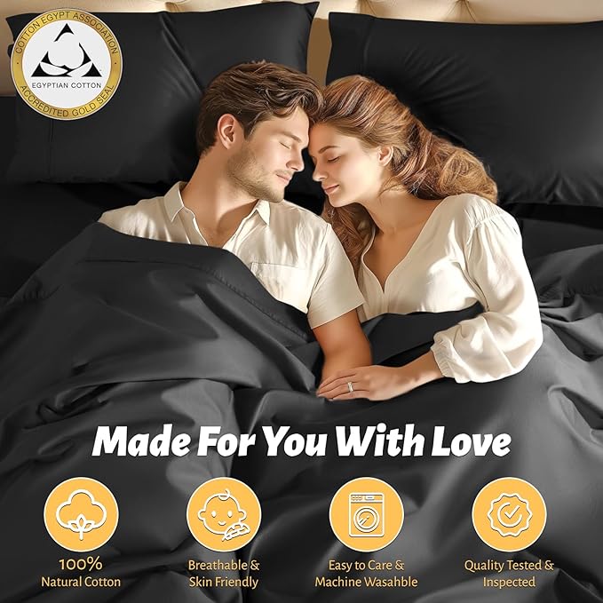 Shilucheng 100% Egyptian Cotton Sheets Set - 1000 Thread Count，Luxury Cotton Bed Sheets，Breathable & Cooling Bedding and Pillow Cases, 16 Inch Deep Pocket - 4 Piece (California King, Black)