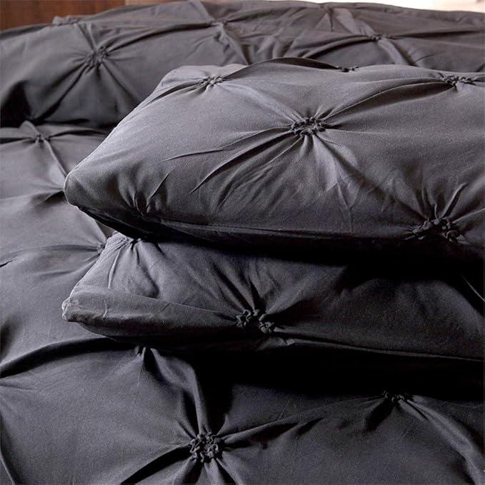 Feelyou Pinch Pleated Duvet Cover with Zipper Closure Pintuck Comforter Cover Set Twin Size Luxurious Pintuck Tufted Bedding Set Solid Black Microfiber Bedspread Cover with 1 Pillow Shams Soft