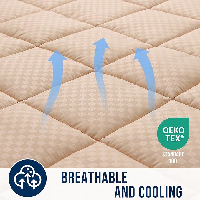 OLANLY Full Quilted Fitted Mattress Pad, Elastic Fitted Mattress Topper, Cooling Soft Mattress Cover Stretches up to 21 Inches Deep, Machine Washable Mattress Protector (54x75 inch, Beige)