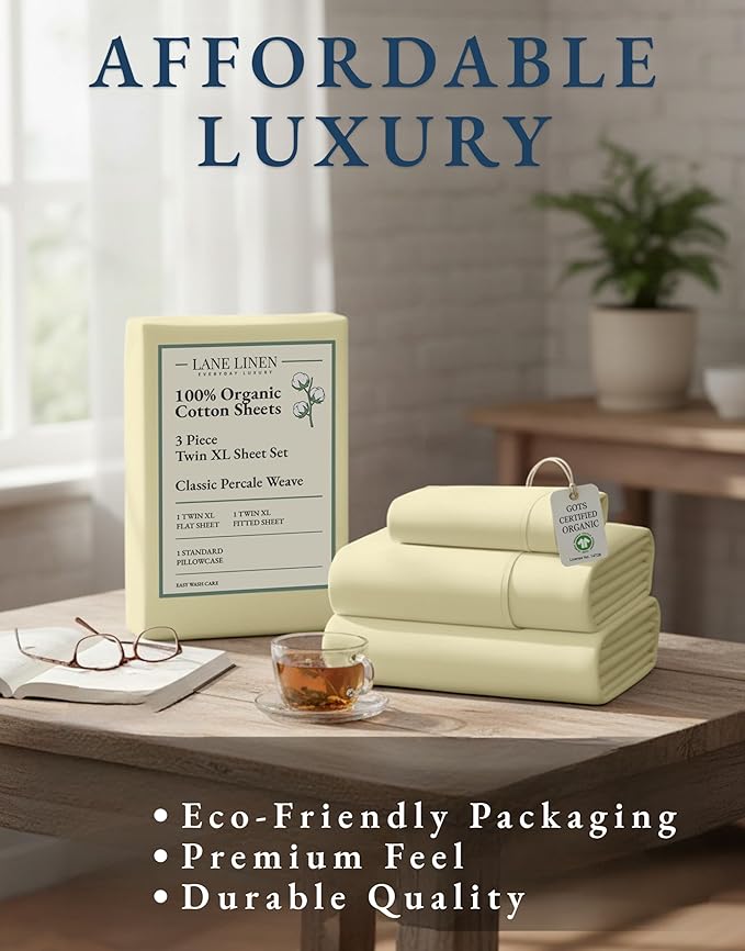 LANE LINEN 100% Organic Cotton Sustainably Produced Twin XL Bed Sheets, Mercerized Fully Elasticized Percale Perfect for Hospital Bed & Dorm Room, Reinforced Seams Twin XL Sheets-Vanilla