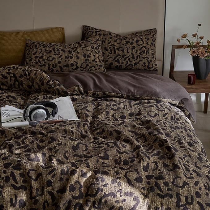 LifeTB Leopard Print Duvet Cover King Yarn-Dyed Jacquard Cotton Duvet Cover Brown Leopard Pattern Comforter Cover Farmhouse Bedding Set Animal Cheetah Printed Comforter Cover with 2 Pillowcases