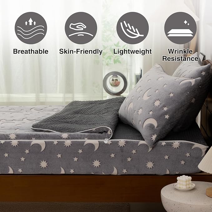 A Nice Night Star Moon Plush Zippered Comforter Set Zipper Bedding Glow in The Dark for Child, Twin,Grey