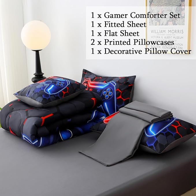 JQinHome Full Gaming Bedding Set 6-Piece Comforter for Kids Teens - 3D Video Game Console Print Bed in a Bag with Ultra-Soft Fluffy Sheets, Red-Blue Unisex Design (Full)