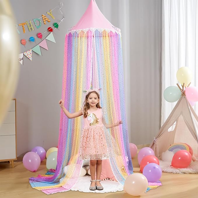 Rainbow Bed Canopy for Girls,Shiny Kids Princess Round Dome Bed Curtain with Love Heart Glitter,Kids Crib Canopy Play Tent Canopy Dreamy Bed Netting for Girls