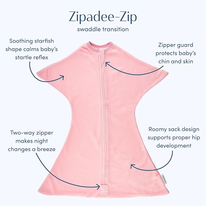 SleepingBaby Zipadee-Zip Transition Swaddle - Cozy Fleece Wearable Blanket with Two-Way Zipper for Baby Sleep - Rose Pink, Large (12-24 Month)