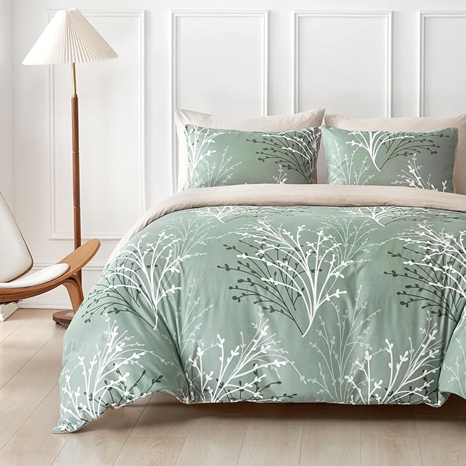 Lekesky Green Duvet Cover King Size, Reversible Floral King Comforter Cover with Branch Pattern, Soft 100% Washed Microfiber 3 Pieces Green Bedding Set with Zipper and 2 Pillowcases 20"x36"