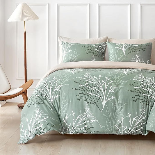 Lekesky Green Duvet Cover King Size, Reversible Floral King Comforter Cover with Branch Pattern, Soft 100% Washed Microfiber 3 Pieces Green Bedding Set with Zipper and 2 Pillowcases 20"x36"