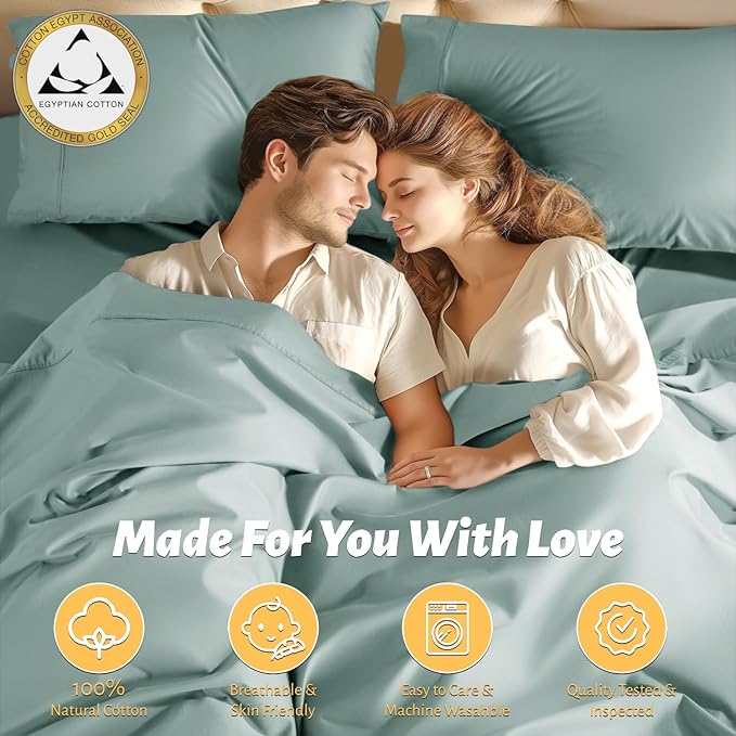 Shilucheng 100% Egyptian Cotton Queen Size Sheets Set - 1000 Thread Count，Luxury Cotton Bed Sheets，Breathable & Cooling Bedding and Pillow Cases, 16 Inch Deep Pocket - 6 Piece (Sea Glass, Queen)