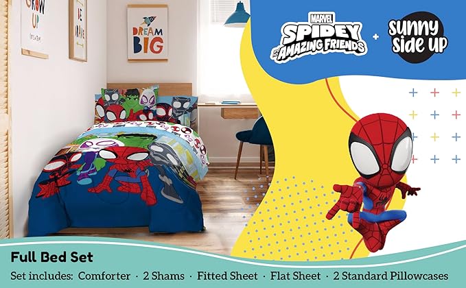 Sunny Side Up Marvel Spidey & His Amazing Friends Full Comforter Set - 7 Piece Kids Bedding Includes Comforter, Sheets & Pillow Cover - Super Soft Superheroes Microfiber Bed Set