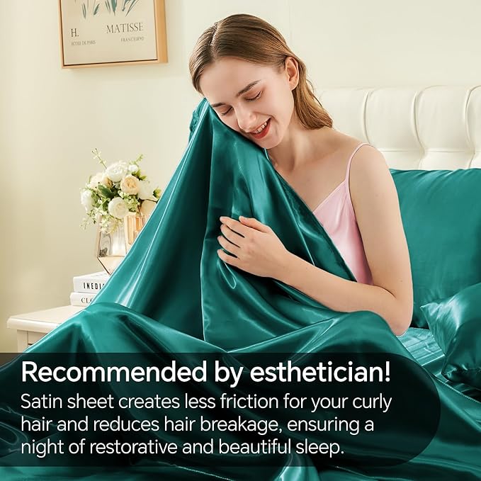 BEDELITE King Size Sheets Set, Luxury Soft Teal Satin Sheets for Hair and Skin, Similar to Silk Bed Sheets Set 4 Pieces with 1 Deep Pocket Fitted Sheet, 1 Flat Sheet, and 2 Pillowcases