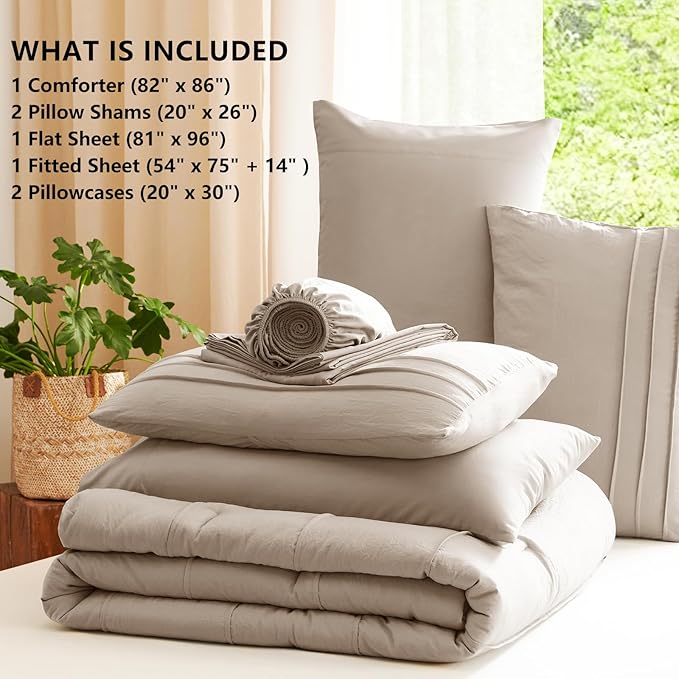 CozyLux Comforter Full Size Wheat, 7 Pieces Soft Pinch Pleat Bed in a Bag Full Comforter Set with Sheets, Boho Bed Set with Down Alternative Comforter, Sheets, Pillowcases & Shams