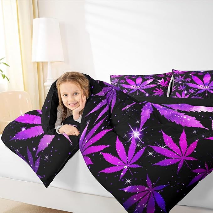 Erosebridal Hippie Black Purple Full Size Bed Comforter Set,Galaxy Stars Leaf Bedding Set for Adults Women Men,Leaves Comforter Botanical Quilt 2 Pillow Cases