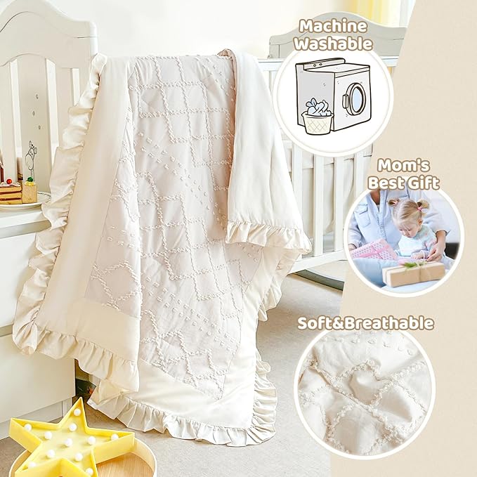 Wowelife Crib Bedding Set for Girls, 3 Pieces Baby Crib Bedding Set Newborn, Mini Tufted Jacquard Ruffle Fringe Boho, Infant & Nursery with Comforter, Crib Fitted Sheet and Crib Skirt, Beige