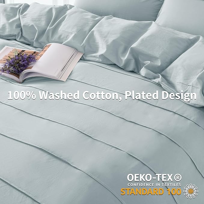 NEXHOME PRO 100% Washed Cotton Duvet Cover King Size, Pleated Textured Duvet Cover Set Azure Blue, 3 Pieces Bedding Set with Zipper Closure, Soft, Lightweight and Breathable (104"x90", No Comforter)