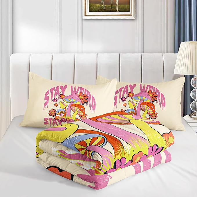 Axolotl Cartoon Mushroom Comforter Set Full,Colorful Mushrooms Bedding Girls Bedding Set,Floral Comforter Set Red Pink Flower,Cute Mushroom Bedding Set for Kids Boys Girls Teens,1 Quilt 2 Pillowcases