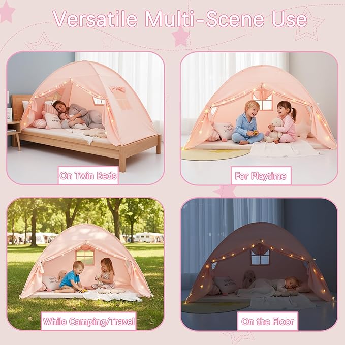 Akiky Bed Tent Bed Canopy Twin Size with Bottom,Kids Tent with Lights Portable Foldable Bunk Bed Curtains for Girls Boys (Pink, Twin)