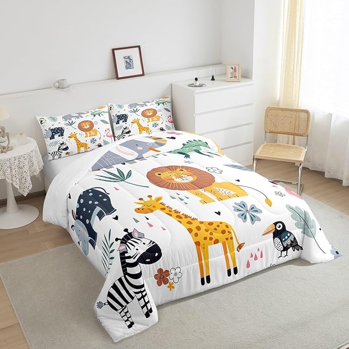 Feelyou Kids Zoo Animal Comforter Set Cute Wild Animals Bedding Set Cartoon Safari Wild Print Comforter for Boys Girls Children Teens Bedroom Decor Exotic Natural Theme Duvet Set Queen Size