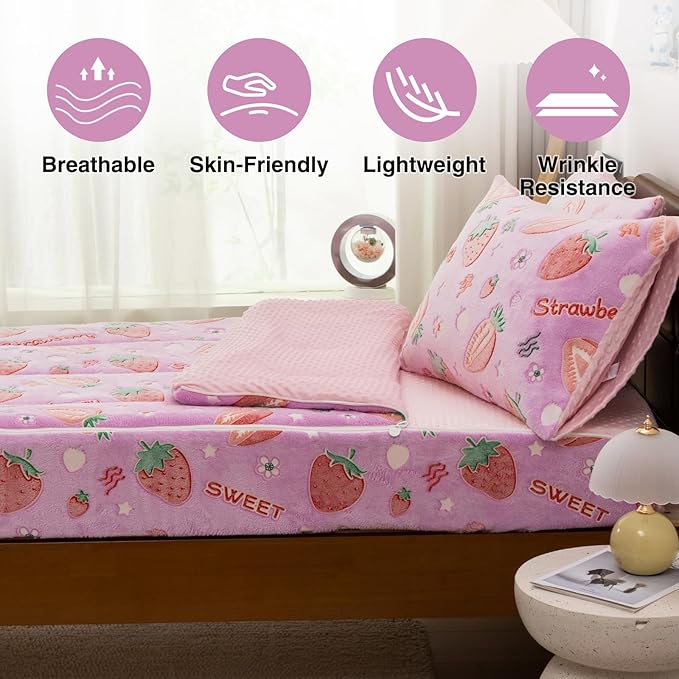 A Nice Night Chic Cute Strawberry Plush Zippered Comforter Set,Zipper Bedding Glow in The Dark for Child, Twin