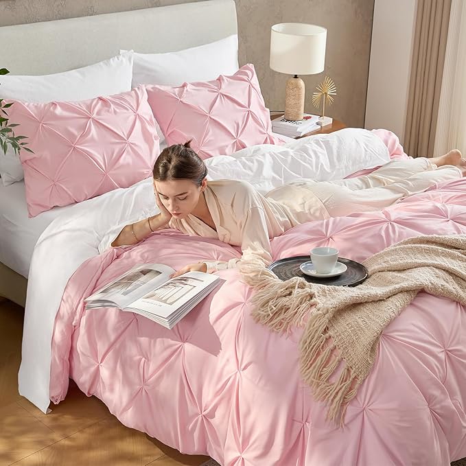 Andency Pink Oversized King Comforter Set (120x98Inch), 3 Pieces Lightweight Pinch Pleat Cal King Bedding Comforters & Sets, Oversized Pintuck Soft Fluffy Down Alternative Bed Set for All Season