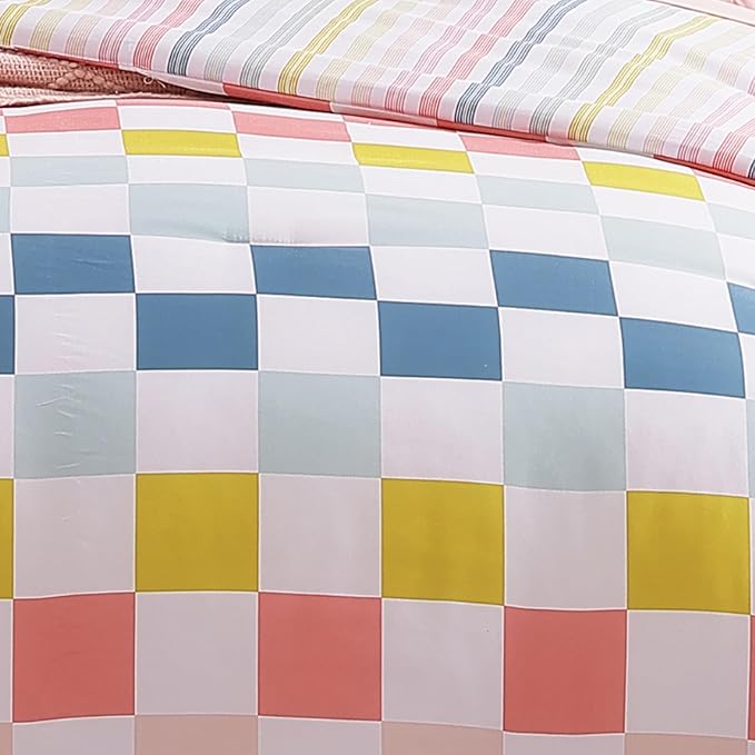 Twin Comforter Set for Girls-5 Pieces Colorful Check Twin Bedding Sets for Kids, Ultra Soft Bed in A Bag with Sheets