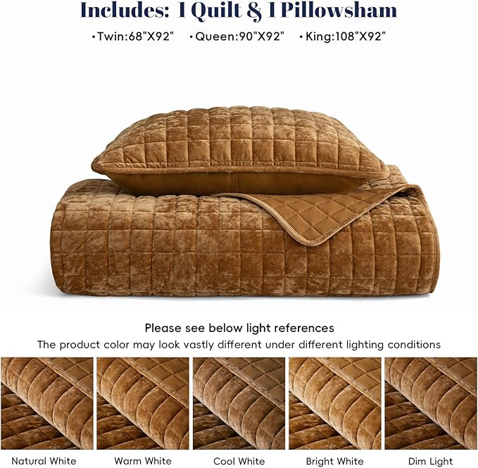 PHF Luxurious Velvet Quilt Set Twin Size – 2PCS Super Soft Quilted Comforter Alternative with Square-Box Quilt Pattern, Warm Quilted Bedspread Coverlet, 68" x 92", Rusty Burnt Orange