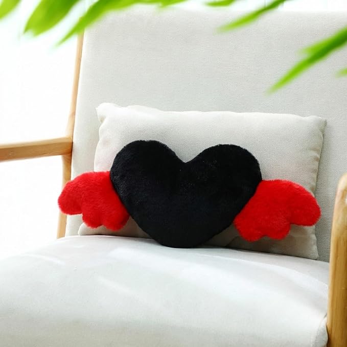 Macarrie 2 Pcs Plush Heart Shaped Pillow with Angel Wings Car Headrest Soft Comfortable Seat Pillow for Driving Travelling Room Office Car Decor, 19.7 x 8.3 Inch(Black, Red)
