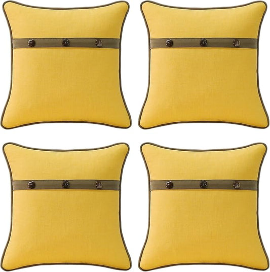 Outdoor Sunbrella Decorative Pillows with Triple Coconut Buttons Pack of 4, 16" x 16" Outdoor Pillow Set for Couch Bed Throw Patio Sofa, Spectrum Daffodil/Canvas Cocoa