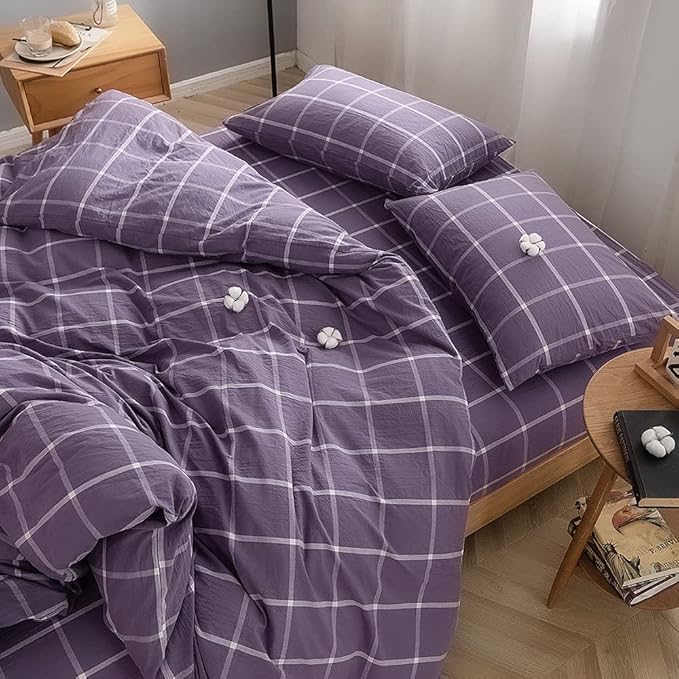 FACE TWO FACE Bedding Duvet Cover Set100% Washed Cotton Duvet Cover Linen Like Textured Breathable Durable Soft Comfy (California King, Purple Grid)
