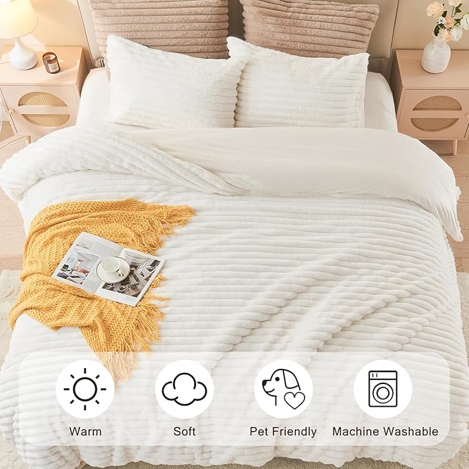 EMME Faux Fur Duvet Cover Twin Size, 2 Pieces Ultra Soft Fluffy Comforter Cover, Cozy Warm for Winter, Luxury Elegant Shaggy Striped Design Bedding, 1 Duvet Cover & 1 Pillow Shams (Twin, White)