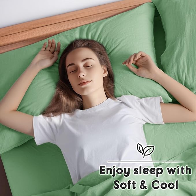 SONORO KATE 100% French Pure Linen Sheets, Breathable and Durable Linen Queen Size Sheets, Anti-Tear Linen Bed Sheets, Machine Washable, 16 Inch Deep Pocket - 4 Piece (Green, Queen)