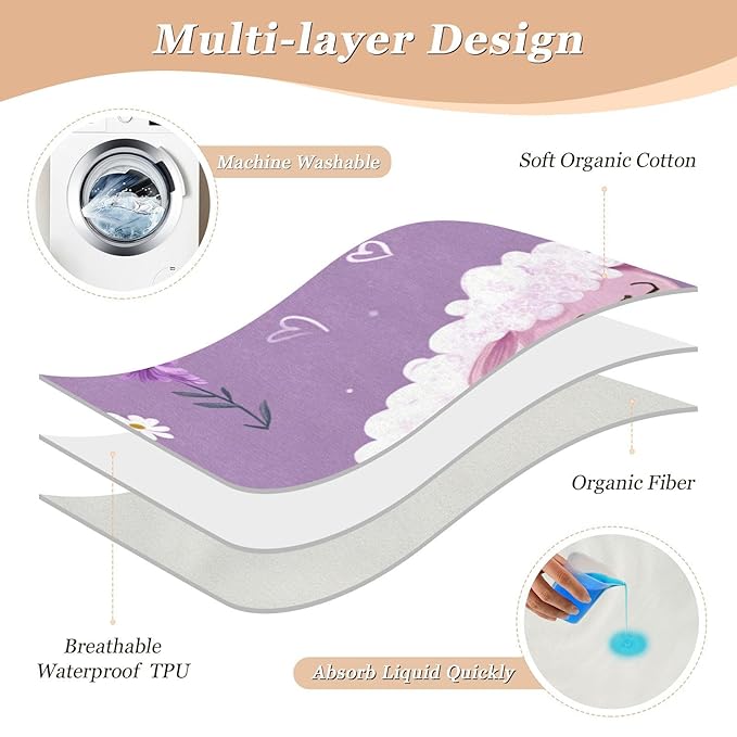 Waterproof Bed Pad Reusable Changing Pad Toddler Mattress Protector Large Pee Pad Baby Diaper Pad Soft Washable Liner Cute Purple Floral Sheep