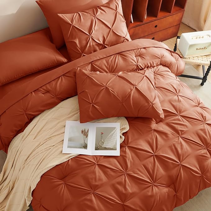 Queen Comforter Set Burnt Orange, 7 Pieces Pintuck Bed in A Bag Queen Size Bedding, Soft Bed Set All Season Pinch Pleat Comforter Set with Sheets, Pillowcases & Shams