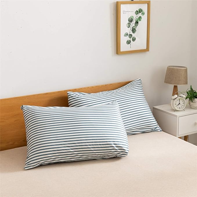JELLYMONI 100% Natural Cotton 3pcs Striped Duvet Cover Sets,White Duvet Cover with Grayish Blue Stripes Pattern Printed Comforter Cover,with Zipper Closure & Corner Ties(Full Size)
