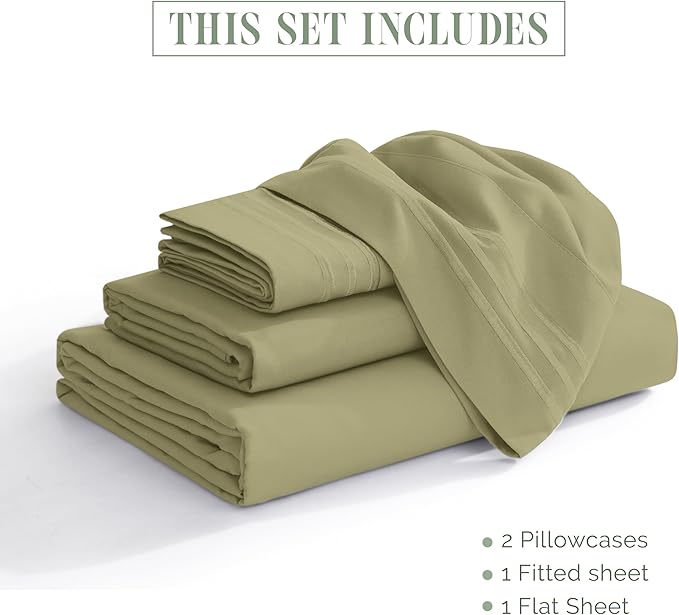 Elegant Comfort Luxurious 1500 Premium Hotel Quality Microfiber Three Line Embroidered Softest 4-Piece Bed Sheet Set, Wrinkle and Fade Resistant, Full, Sage-Green