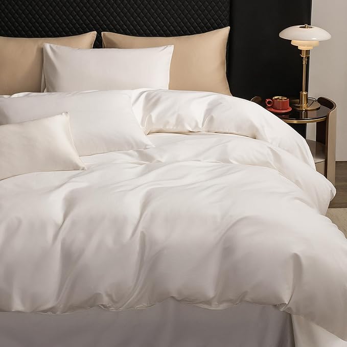 MooMee Duvet Cover Set 100% Extra Long Staple Cotton 600 Thread Count Silky Sateen Smooth Luxury Soft Breathable Durable Hotel Quality Bedding, 2 Pieces (Creamy White,Twin 68"x90")