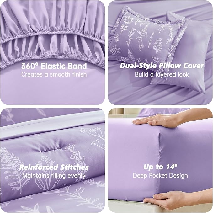 MUXHOMO Lavender Purple Bed in a Bag Queen 7 Pieces, Queen Comforter Set Reversible Botanical Flowers Design, Ultra Soft & Breathable Bedding Sets with Comforter, Sheets, Pillowcases & Shams