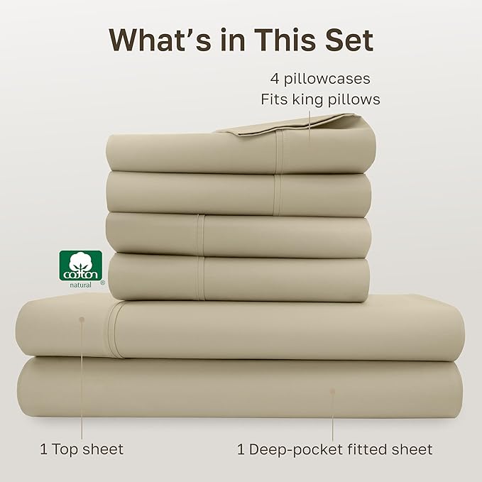 California Design Den 6 Piece King Size Sheets Set with 4 Pillowcases - Soft 400 Thread Count Sateen, 100% Cotton Sheets King Size with Deep Pockets, Durable Bedding Set - Beige (Golden Tone)