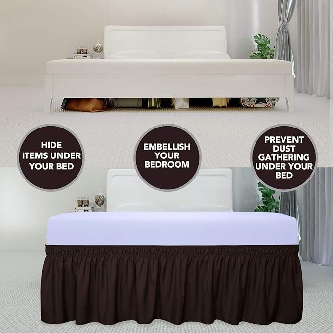 PureFit Wrap Around Ruffled Bed Skirt with Adjustable Elastic Belt - 14 Inch Drop Easy to Put On, Wrinkle Free Bedskirt Dust Ruffles, Bed Frame Cover for Queen, King and C-King Size Beds, Chocolate