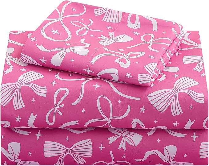 Kids Sheet Set Twin Size, Twin Sheet Set with Pink Bow Pattern，Breathable Silky Soft Microfiber Kids Fitted Sheet