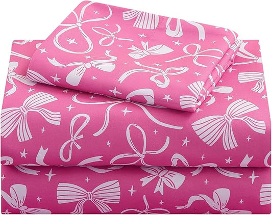 Kids Sheet Set Twin Size, Twin Sheet Set with Pink Bow Pattern，Breathable Silky Soft Microfiber Kids Fitted Sheet