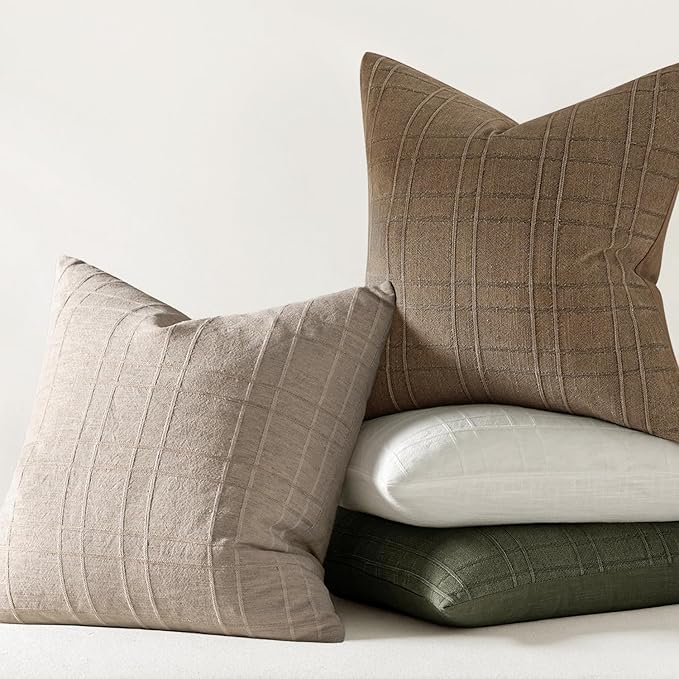 MIULEE Decorative Linen Check Euro Shams Throw Pillow Covers Neutral Farmhouse Vintage Pillow Covers 24x24 Set of 2 Boho Modern Home Decor for Sofa Couch Bedroom Cushion Natural Linen