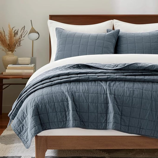 EVERGRACEHOME 100% Cotton Box Stitch Quilt Bedding Set King Size 3 Pieces, Garment-Washed Lightweight Soft Cozy Coverlet, Oversized Quilted Bedspread Sets with 2 Shams for All Season, Midnight Blue