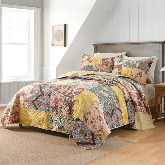 Autumn Dream Cotton Bedspread Quilt Sets Reversible Bedding Coverlet Sets, Luxury Vintage Floral Patchwork Yellow Bedspread, King Size | Breathable material, Reversible, Handmade patchwork, soft durable, Jacquard stitching