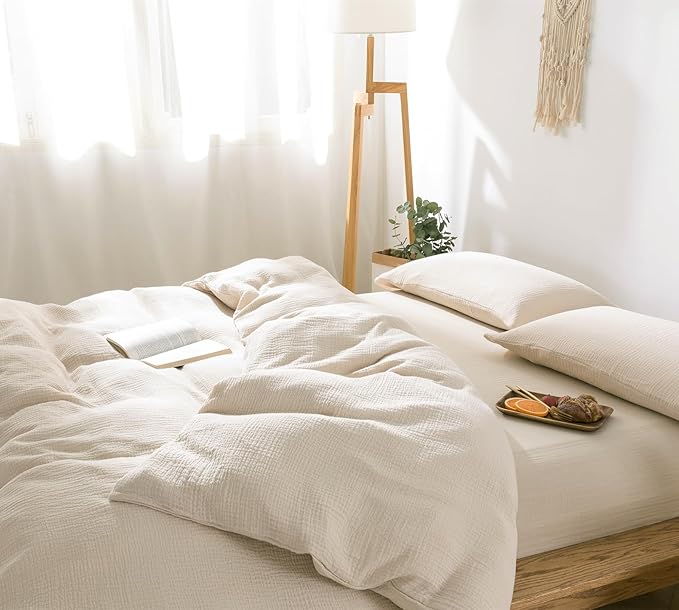 VM VOUGEMARKET 100% Cotton Muslin Duvet Cover King Size 3-Layer Guaze Textured Off-White Bedding Set,Ultra Soft Breathable Textured Linen Like Comforter Cover with Zipper&Ties-Oatmeal