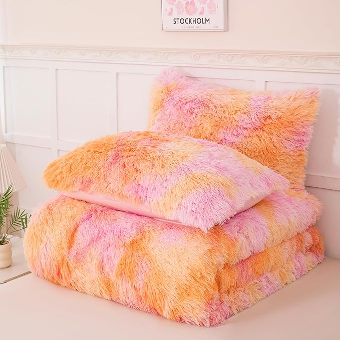 PERFEMET Orange Faux Fur Plush Comforter Set Full Size 3 Pieces Colorful Fluffy Tie Dye Girls Bedding Set Ultra Soft Warm Velvet Furry Fuzzy Bed Comforter(Orange Pink, Full)
